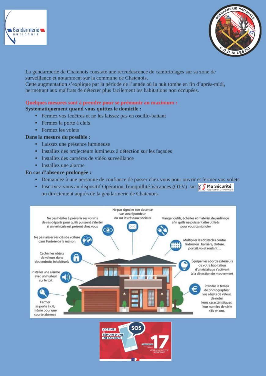 Information de la Gendarmerie de Châtenois : hausse des cambriolages